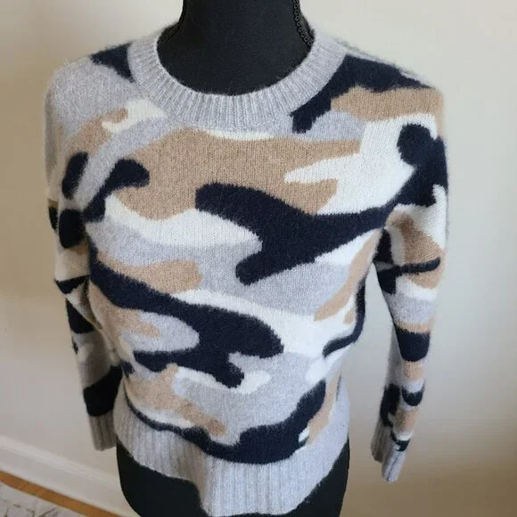 360Cashmere 100% Cashmere Cropped Camo Sweater Women’s Size Small Gray Taupe Cre - Picture 2 of 8